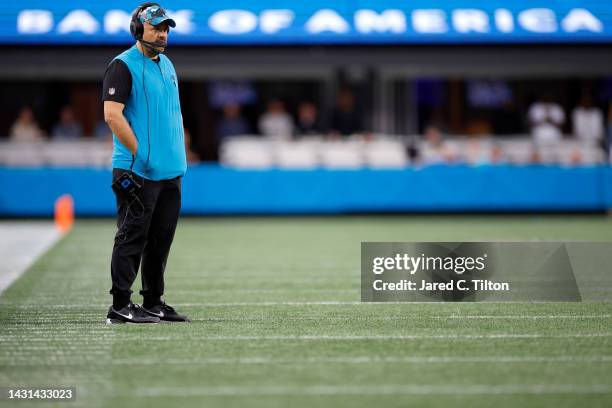 Head coach Matt Rhule of the Carolina Panthers looks on during the second half of their game against the Arizona Cardinals at Bank of America Stadium...