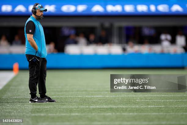 Head coach Matt Rhule of the Carolina Panthers looks on during the second half of their game against the Arizona Cardinals at Bank of America Stadium...