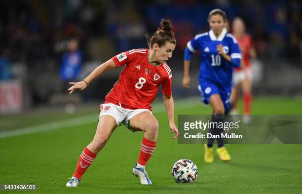 Angharad James of Wales controls the ball during the 2023 FIFA Women's World Cup play-off round 1 match between Wales and Bosnia and Herzegovina at...