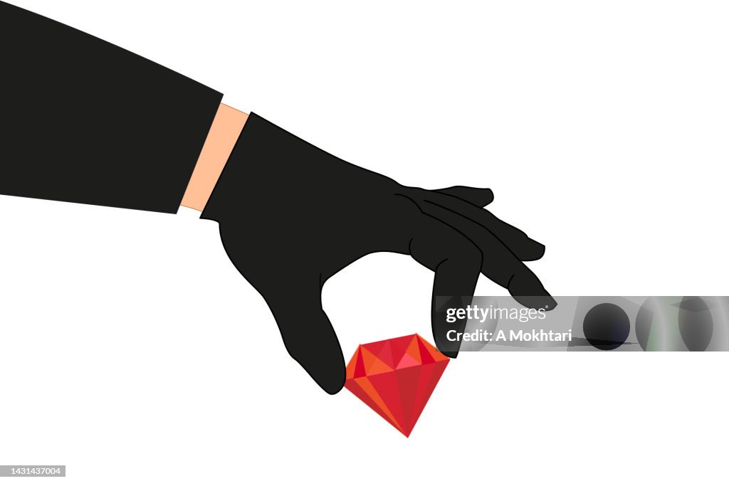 Der Dieb nimmt mit seiner Hand einen Diamanten, der einen schwarzen Handschuh trägt.
