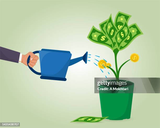 ilustrações de stock, clip art, desenhos animados e ícones de investment, money banknote and coin grows in a pot. - lamaçal