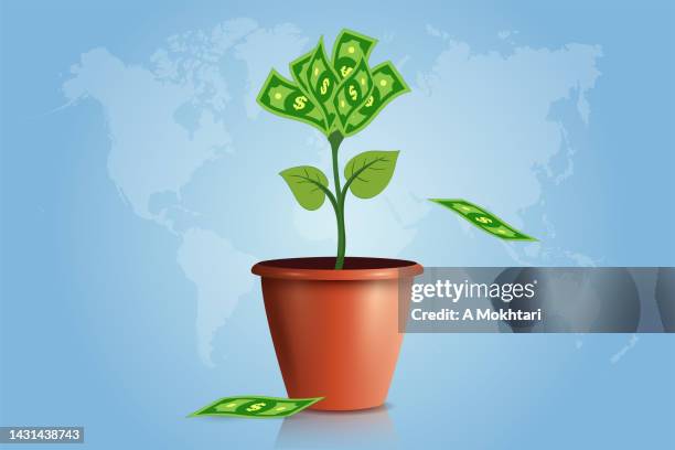 investment, money banknote and coin grows in a pot. - fall leaf pile stock illustrations