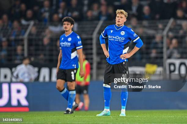 Guilherme Ramos and Robin Hack of Bielefeld look dejected during the Second Bundesliga match between DSC Arminia Bielefeld and Karlsruher SC at...