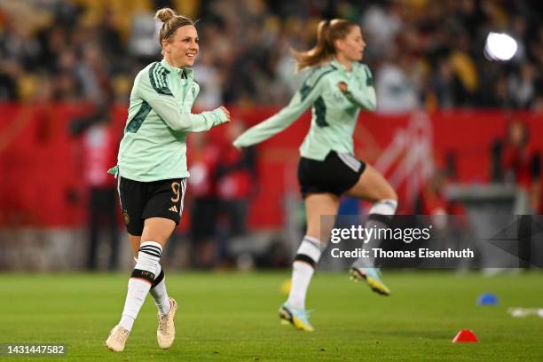 Svenja Huth of Germany warms up prior to the international friendly match between Germany Women's and France Women's at Rudolf-Harbig-Stadion on...