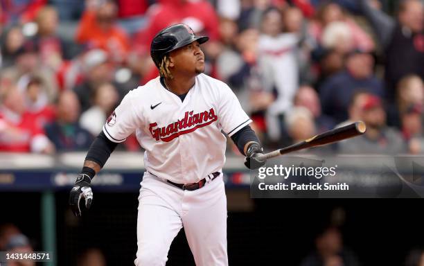 Jose Ramirez of the Cleveland Guardians hits a two RBI home run in the sixth inning against the Tampa Bay Rays in game one of the Wild Card Series at...