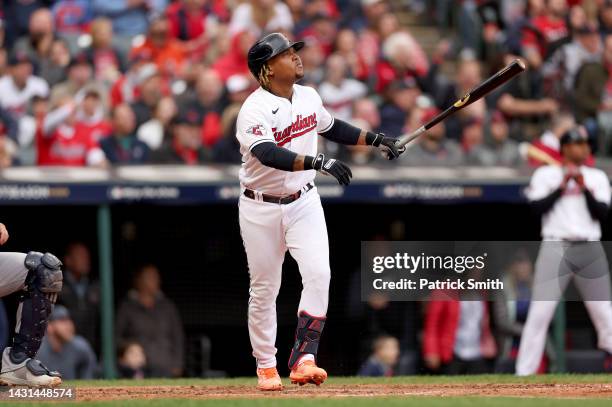 Jose Ramirez of the Cleveland Guardians hits a two RBI home run in the sixth inning against the Tampa Bay Rays in game one of the Wild Card Series at...