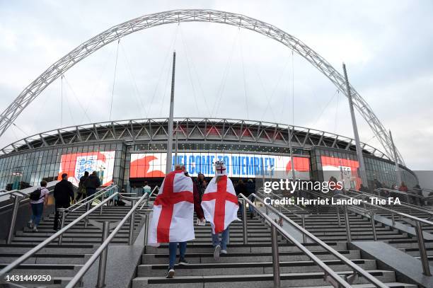 General view outside the stadium as fans arrive prior to the Women's International Friendly match between England and USA at Wembley Stadium on...