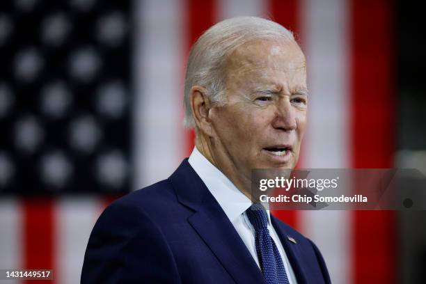 President Joe Biden delivers remarks after touring Volvo Group Powertrain on October 07, 2022 in Hagerstown, Maryland. Biden's remarks about the...