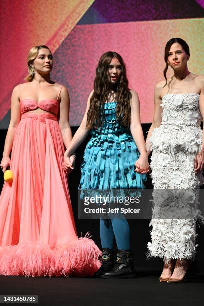 Florence Pugh, Kila Lord Cassidy and Elaine Cassidy onstage during "The Wonder" UK premiere during the 66th BFI London Film Festival at The Royal...