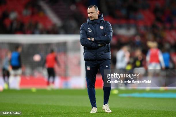 Vlatko Andonovski, Head Coach of United States looks on prior to the Women's International Friendly match between England and USA at Wembley Stadium...
