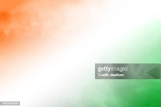 ilustrações de stock, clip art, desenhos animados e ícones de horizontal backgrounds of tricolor diagonal bands, in bright smudged orange or saffron, white and green colors as in national flag of india, faded like splattered dry colour at the corners - republic day