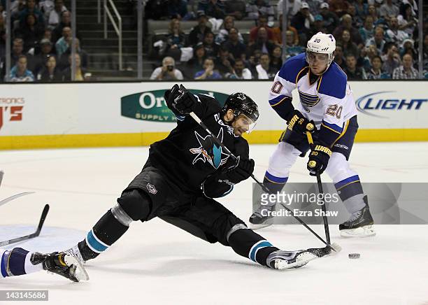 Michal Handzus of the San Jose Sharks and Alexander Steen of the St. Louis Blues go for the puck in Game Four of the Western Conference Quarterfinals...