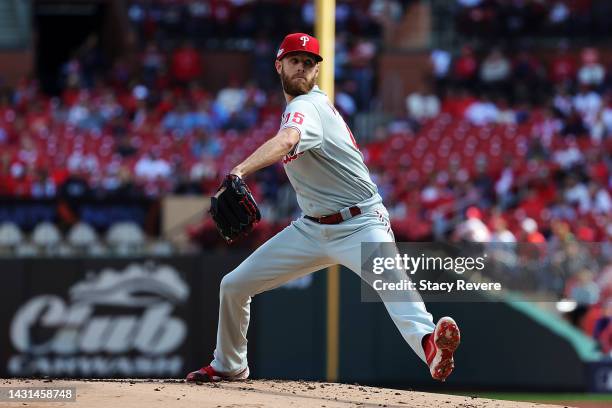 Zack Wheeler of the Philadelphia Phillies throws a pitch during the first inning against the St. Louis Cardinals during Game One of the NL Wild Card...