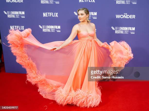 Florence Pugh attends "The Wonder" UK premiere during the 66th BFI London Film Festival at The Royal Festival Hall on October 07, 2022 in London,...
