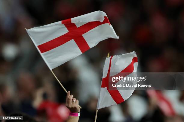 England flags wave prior to the Women's International Friendly match between England and USA at Wembley Stadium on October 07, 2022 in London,...