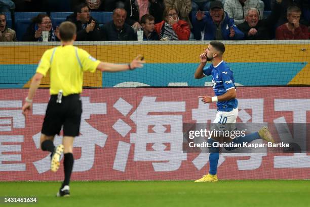 Munas Dabbur of Hoffenheim scores his teams first goal during the Bundesliga match between TSG Hoffenheim and SV Werder Bremen at PreZero-Arena on...