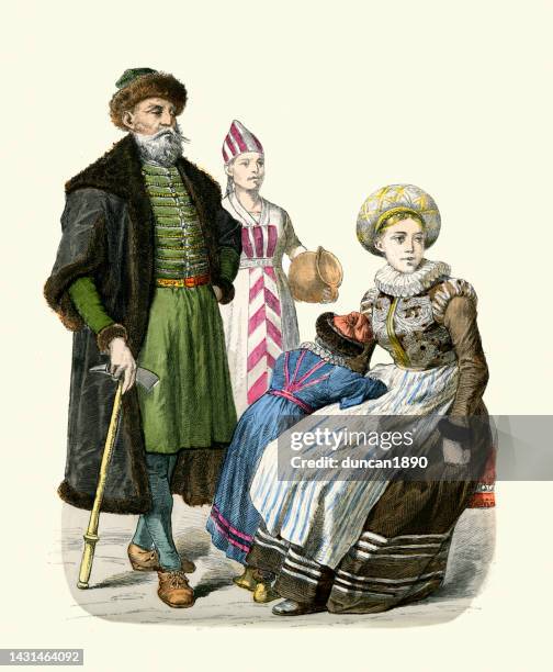 stockillustraties, clipart, cartoons en iconen met traditional costumes of norway, 17th century fashion, norwegian nobleman and wife, woman from the country - 17th century style