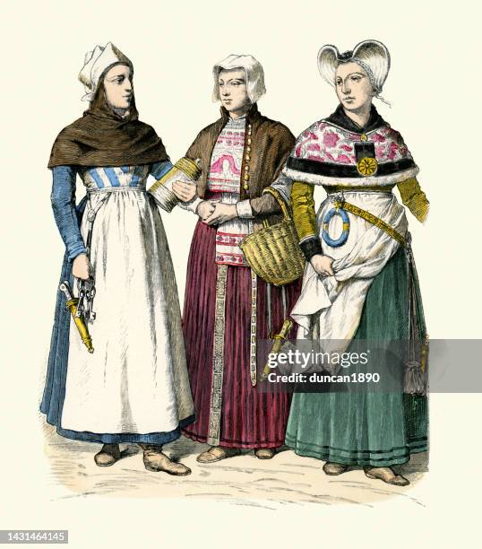 stockillustraties, clipart, cartoons en iconen met traditional costumes of denmark, 17th century fashion, danish women, skirt, apron, headdress - shawl