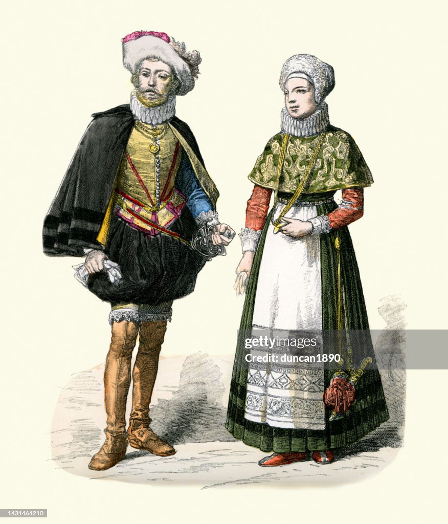 Traditional costumes of Denmark, 17th Century fashion, Danish Nobleman and wife