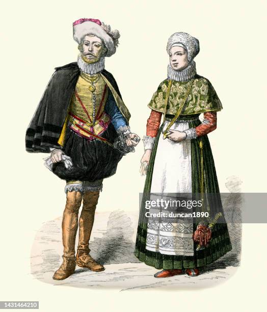 traditional costumes of denmark, 17th century fashion, danish nobleman and wife - denmark stock illustrations