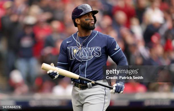 Yandy Diaz of the Tampa Bay Rays reacts after striking out against the Cleveland Guardians during the ninth inning in game one of the Wild Card...