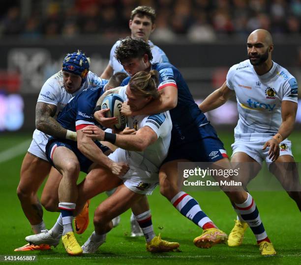 Stuart Hogg of Exeter Chiefs is tackled by Piers O'Conor of Bristol Rugby during the Gallagher Premiership Rugby match between Bristol Bears and...