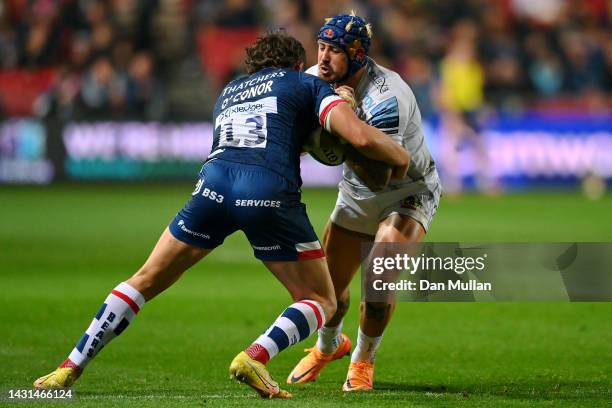 Jack Nowell of Exeter Chiefs takes on Piers O'Conor of Bristol Rugby during the Gallagher Premiership Rugby match between Bristol Bears and Exeter...