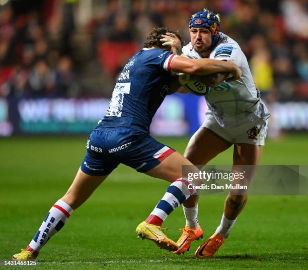 Jack Nowell of Exeter Chiefs takes on Piers O'Conor of Bristol Rugby during the Gallagher Premiership Rugby match between Bristol Bears and Exeter...