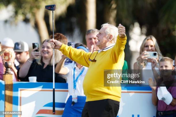 Jack Nicklaus reacts after hitting a ceremonial opening tee shot for the first round of the Constellation FURYK & FRIENDS at Timuquana Country Club...