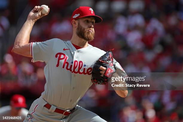 Zack Wheeler of the Philadelphia Phillies throws a pitch during the fourth inning against the St. Louis Cardinals during Game One of the NL Wild Card...