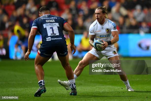 Stuart Hogg of Exeter Chiefs takes on Ellis Genge of Bristol Rugby during the Gallagher Premiership Rugby match between Bristol Bears and Exeter...
