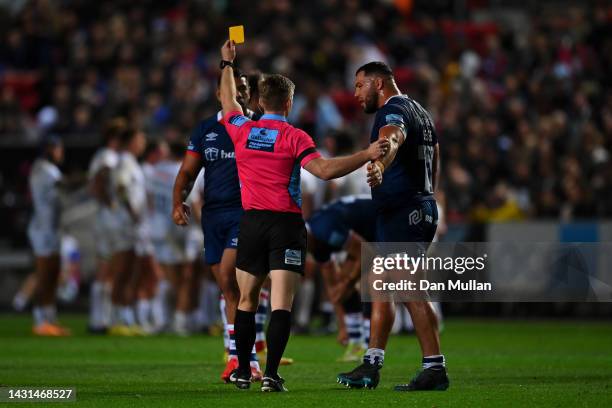 Referee, Christophe Ridley shows a yellow card to Ellis Genge of Bristol Rugby during the Gallagher Premiership Rugby match between Bristol Bears and...