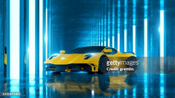 luxury sports car in futuristic corridor - launch party inside stock pictures, royalty-free photos & images