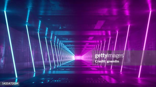 empty futuristic corridor - techno background stock pictures, royalty-free photos & images