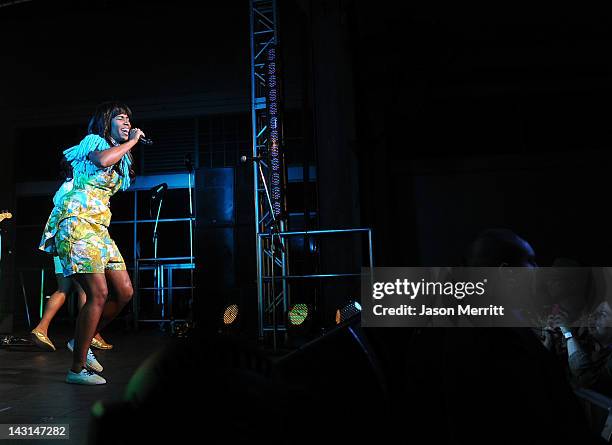 Singer Santigold performs onstage during Mercedes-Benz Transmission LA: AV CLUB Curated by Mike D at The Geffen Contemporary at MOCA on April 19,...