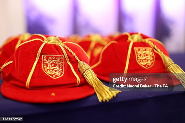 50th Anniversary caps are seen in the dressing room prior to the Women's International Friendly match between England and USA at Wembley Stadium on...