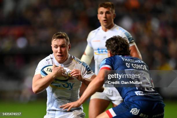 Rory O'Loughlin of Exeter Chiefs takes on Piers O'Conor of Bristol Rugby during the Gallagher Premiership Rugby match between Bristol Bears and...