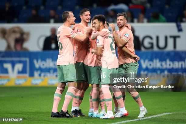 Niclas Fullkrug of Werder Bremen celebrates after he takes and scores a penalty during the Bundesliga match between TSG Hoffenheim and SV Werder...