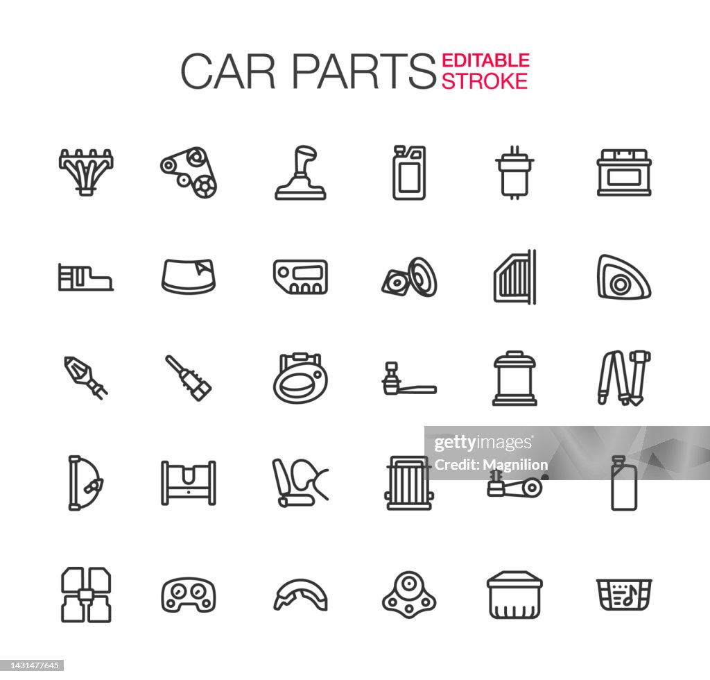 Car Parts, Moldings, Upgrades icons Set Editable Stroke