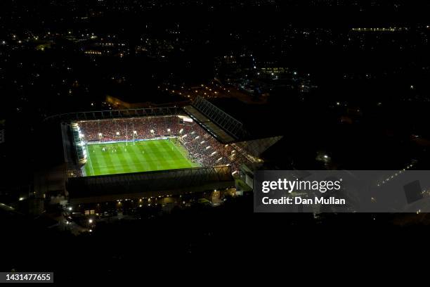 An Aerial view during the Gallagher Premiership Rugby match between Bristol Bears and Exeter Chiefs at Ashton Gate on October 07, 2022 in Bristol,...