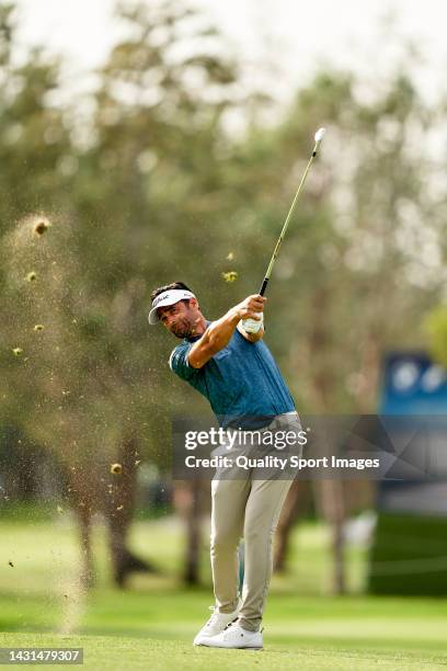 Lee Slattery of England plays a shot during Day Two of the acciona Open de Espana presented by Madrid at Club de Campo Villa de Madrid on October 07,...