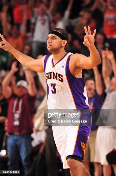 Jared Dudley of the Phoenix Suns celebrates a three point goal against the Los Angeles Clippers during the fourth quarter on April 19, 2012 at U.S....