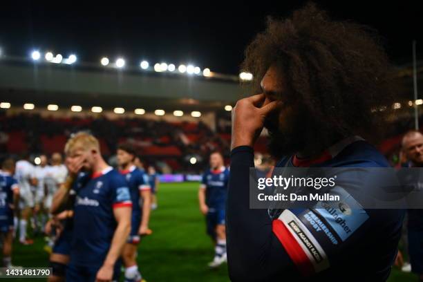 Chris Vui of Bristol Rugby looks dejected after the Gallagher Premiership Rugby match between Bristol Bears and Exeter Chiefs at Ashton Gate on...