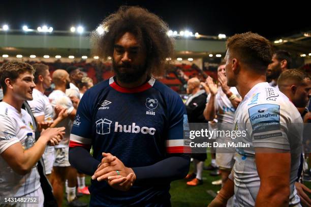 B6of Bristol Rugby walks off the field after to applause from the players of Exeter Chiefs the Gallagher Premiership Rugby match between Bristol...