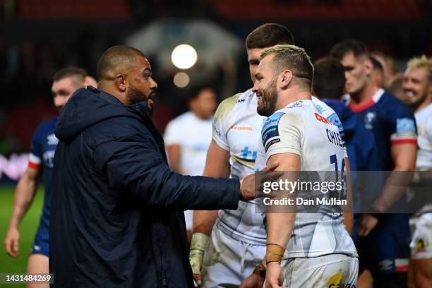 Kyle Sinckler of Bristol Rugby speaks to Luke Cowan-Dickie of Exeter Chiefs after the Gallagher Premiership Rugby match between Bristol Bears and...