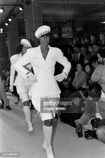 Model Sheila Johnson walks the runway in looks from the Spring 1981 collection.