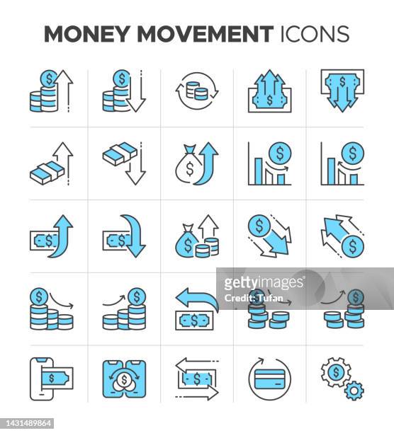 money increase and decrease icon set. money movement and payment related line icons. finance graph and chart symbol. currency, save money and dollar sign vector - profit loss icon stock illustrations