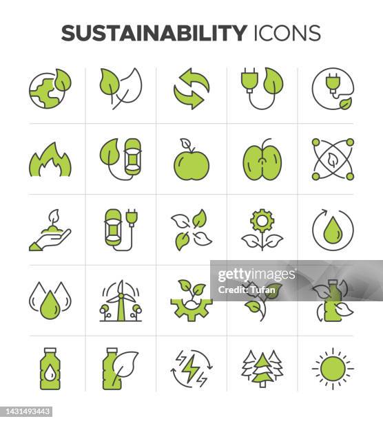 ilustraciones, imágenes clip art, dibujos animados e iconos de stock de conjunto de iconos de sostenibilidad fácil de colorear. medio ambiente, sostenibilidad empresarial, reciclaje, cero residuos, ecología, ecosistema y recolección de símbolos renovables - responsabilidad social