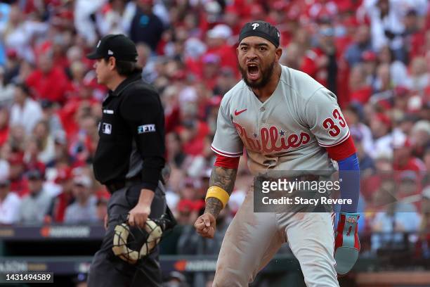 Edmundo Sosa of the Philadelphia Phillies reacts after scoring a run during the ninth inning against the St. Louis Cardinals in Game One of the NL...