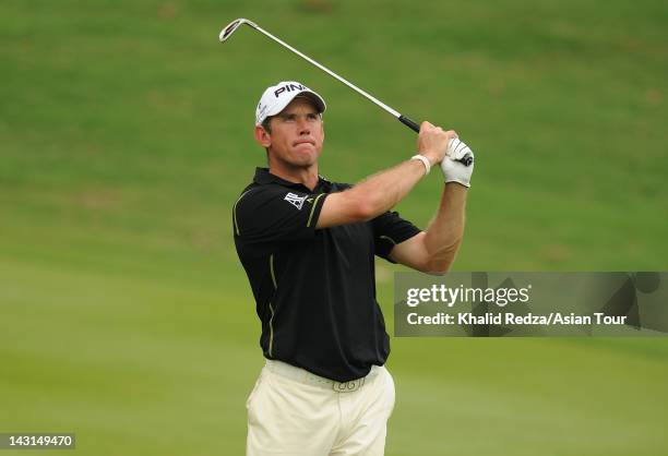 Lee Westwood of England in action during day two of the CIMB Niaga Indonesian Masters presented by PNTS at Royale Jakarta Golf Course on April 20,...